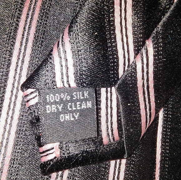 Burma Bibas striped silk tie, 62" L 4" W, Euc, black, white, pink stripes - Picture 6 of 8